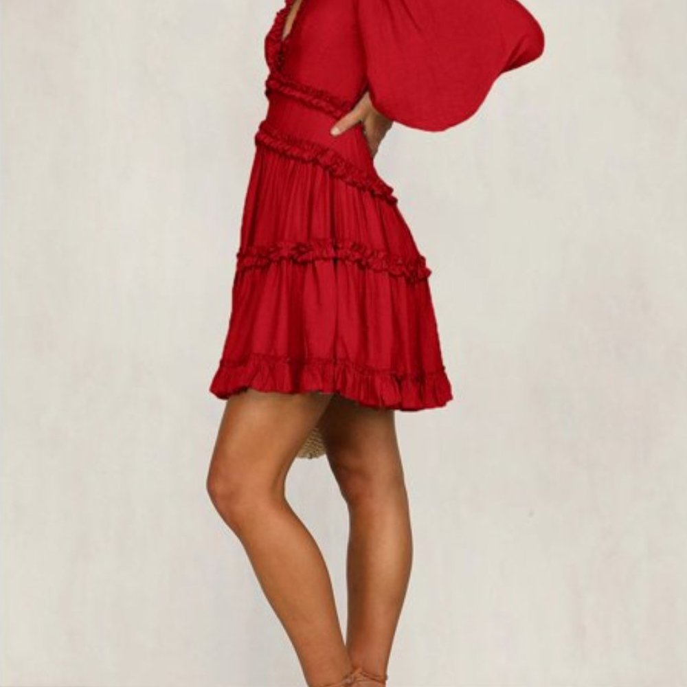 Long Sleeve Red A-Line Dress with Frills